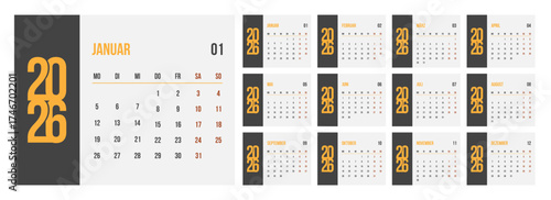 Modern bold Calendar Germany 2026 template set, layout of 12 month Horizontal pages. Deutsch planner week start Monday