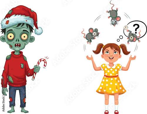 Christmas zombie cartoon, festive horror character, Santa hat monster, cheerful girl with mice, candy cane weapon, quirky holiday humor, Christmas zombie