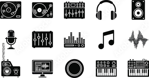 Set of music studio equipment icons black and white vector illustration perfect for music production and audio engineering projects