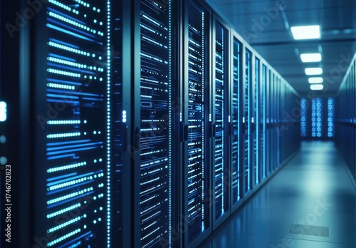 Futuristic IT data center corridor with glowing blue server racks and digital reflections, perfect for technology infrastructure visuals, AI systems, and network architecture presentations