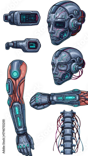 Futuristic cyborg anatomy elements showcasing advanced technology and robotic enhancements for sci-fi projects