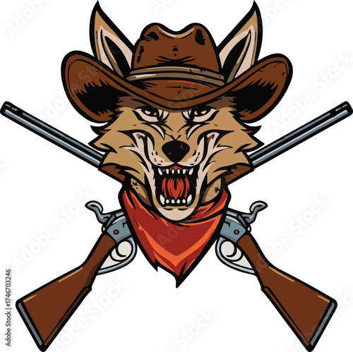 Wild cowboy wolf head with crossed guns vintage western t-shirt design illustration