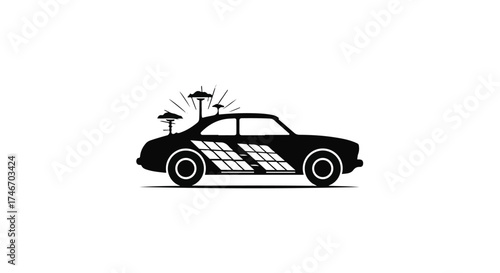 Retro car with solar panels and antennas, representing futuristic technology and classic design.