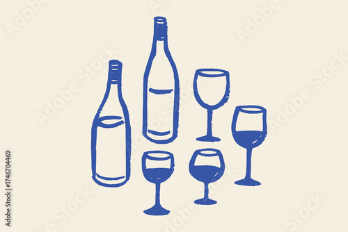 Wine bottles and glasses doodle sketch hand drawn vector illustration