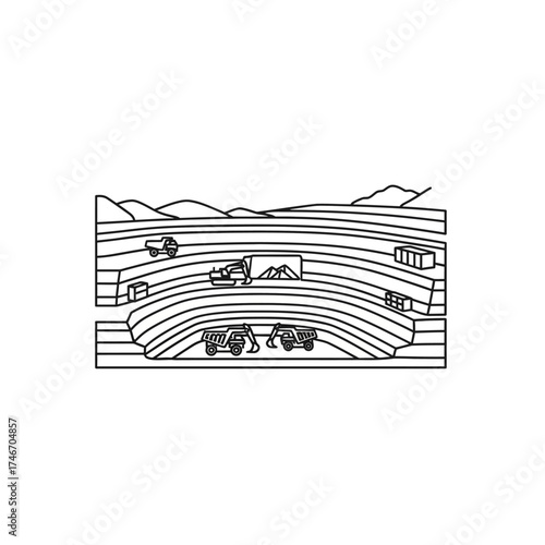 Simple line drawing of an open pit mining operation with heavy trucks.
