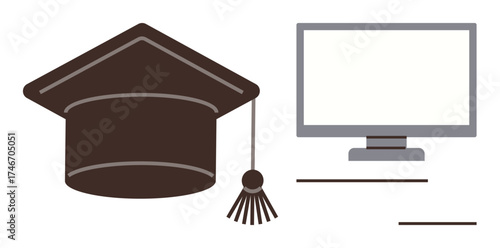 Graduation cap and desktop computer emphasizing digital learning, virtual classrooms, distance training, skill development. Ideal for online education, e-learning, technology, knowledge, training