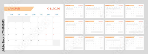 Minimalist Germany 2026 Calendar set of template monthly horizontal pages. Simple yearly deutsch planner week starts on monday