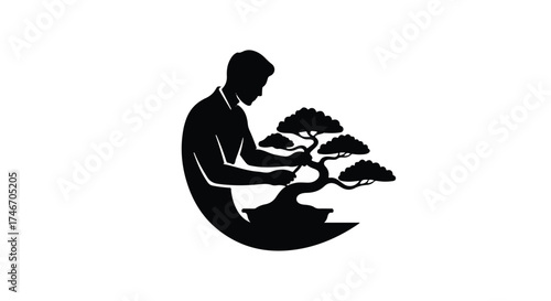 Silhouette of a person meticulously tending to a miniature bonsai tree, symbolizing patience and artistry.