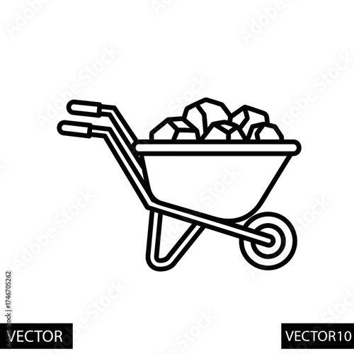 Wheelbarrow filled with rocks, construction equipment, outline icon.