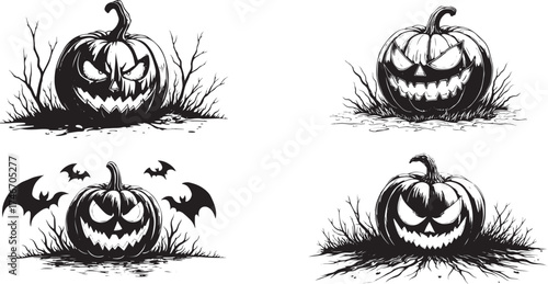 Spooky Halloween pumpkins with scary faces and bats for your holiday designs and invitations to a haunted party or spooky festival this October