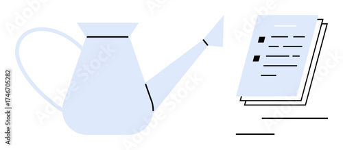 Watering can near a folded document with text lines suggests nurturing growth, personal development, and knowledge-building. Ideal for education, creativity, business growth, motivation, success