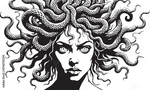 Fearsome Gorgon Medusa with serpentine hair stares intensely, embodying ancient myth and dark fantasy power