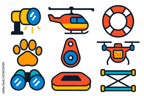 Rescue Icons Collection. Flat vector icons of search and rescue: searchlight, rescue helicopter, lifebuoy, rescue dog paw, rope