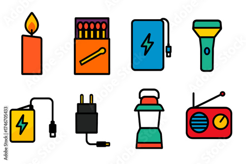 Blackout Preparedness Icons. Flat vector icons of blackout preparedness: candle, matchbox, backup generator, power bank,
