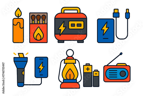 Blackout Preparedness Icons. Flat vector icons of blackout preparedness: candle, matchbox, backup generator, power bank,