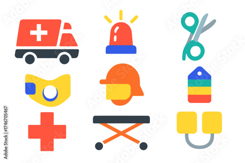 Emergency Icons Set. Flat vector icons of emergency response: ambulance, siren light, trauma shears, neck brace, first responder