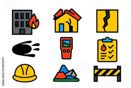 Fire Damage Icons. Flat vector icons of fire damage assessment: charred building, roof collapse, structural crack, soot smear,