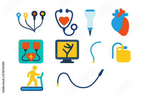 Cardiology Icons Set. Flat vector icons of cardiology tools: ECG lead, stethoscope heart, ultrasound probe, defibrillator,