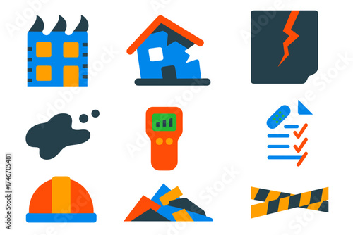 Fire Damage Icons. Flat vector icons of fire damage assessment: charred building, roof collapse, structural crack, soot smear,