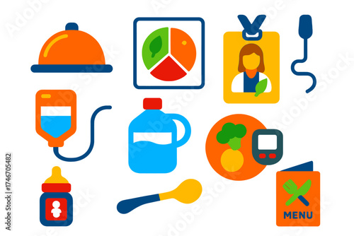 Nutrition Service Icons. Flat vector icons of nutrition services: meal tray, dietary chart, nutritionist badge, feeding tube,