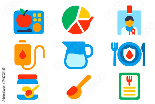 Nutrition Service Icons. Flat vector icons of nutrition services: meal tray, dietary chart, nutritionist badge, feeding tube,