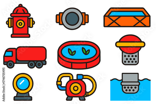 Firefighting Water Sources Icons. Flat vector icons of firefighting water sources: hydrant outlet, draft port, portable tank,