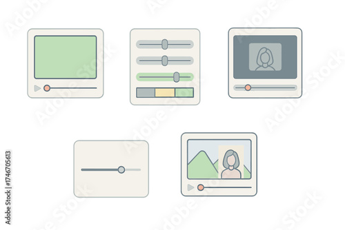 Chroma Key Editing Tools. Isometric vector illustration set Chroma Key Editing Tools: video frame with green background, keying
