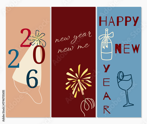 Modern typography New Year 2026 typography with elegant wine glass and fireworks. Great for greeting cards, invitations, and posters.