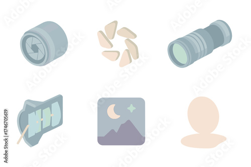 Isometric Camera Lens Illustration. Isometric vector illustration set Variable Aperture Lens Setup: lens with adjustable aperture,