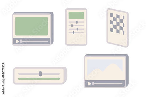 Chroma Key Editing Tools. Isometric vector illustration set Chroma Key Editing Tools: video frame with green background, keying