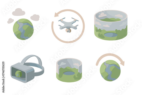 Isometric Aerial Panorama Design. Isometric vector illustration set 360 Aerial Panorama Components: spherical panorama rendering,