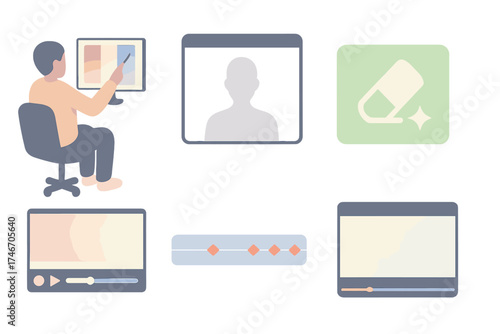 Isometric Video Editing Icons. Isometric vector illustration set Chroma Key in Post-Production: editor using color picker tool,