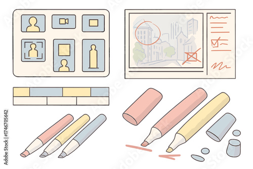 Storyboard Planning Icons. Isometric vector illustration set Scene Planning with Storyboards: camera angle icons above panel,