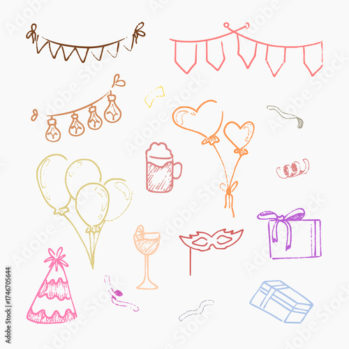 Hand drawn New Year party elements in line art style with balloons, drinks, and gifts. Perfect for coloring pages or decor.