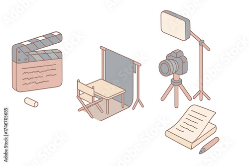 Film Production Essentials. Isometric vector illustration set Slating for Short Film Production: compact clapperboard with