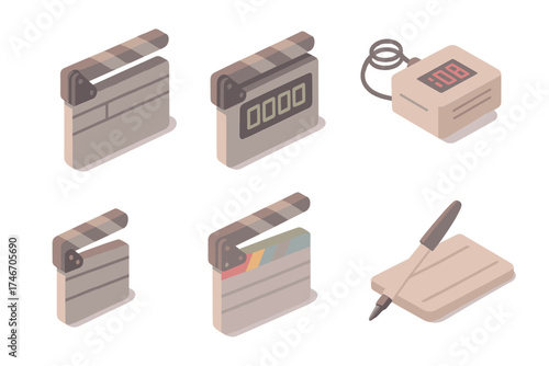 Clapper Slate Variants. Isometric vector illustration set Clapperboard Styles and Variants: traditional wood clapper slate, modern