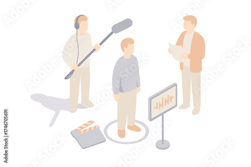 Dialogue Recording Scene. Isometric vector illustration set Dialogue Recording Setup: actor marked on floor, boom mic held above,