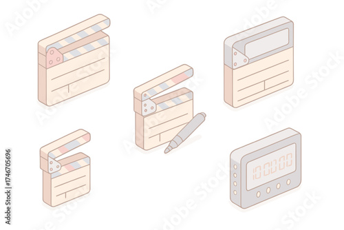 Clapper Slate Variants. Isometric vector illustration set Clapperboard Styles and Variants: traditional wood clapper slate, modern