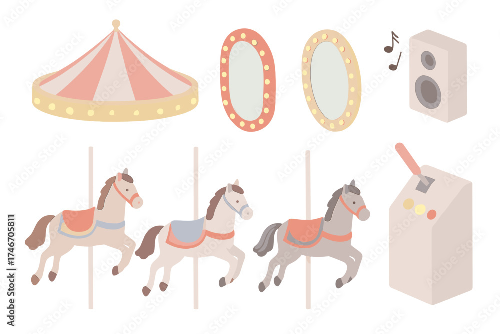 Naklejka premium Classic Carousel Elements. Isometric vector illustration set Classic Carousel Ride Elements: three carousel horses mid-motion,