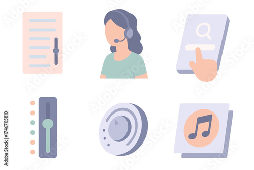 Singing Tools Isometric Icons. Isometric vector illustration set Song Selection and Singing Tools: lyrics menu screen with scroll