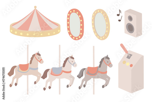 Classic Carousel Elements. Isometric vector illustration set Classic Carousel Ride Elements: three carousel horses mid-motion,