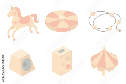 Carousel Components Isometric. Isometric vector illustration set Carousel Assembly Components: horse detached from pole, round