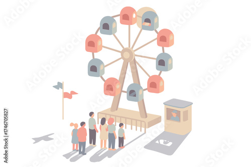 Pastel Ferris Wheel Scene. Isometric vector illustration set Ferris Wheel from Ground Perspective: looking up at towering wheel,