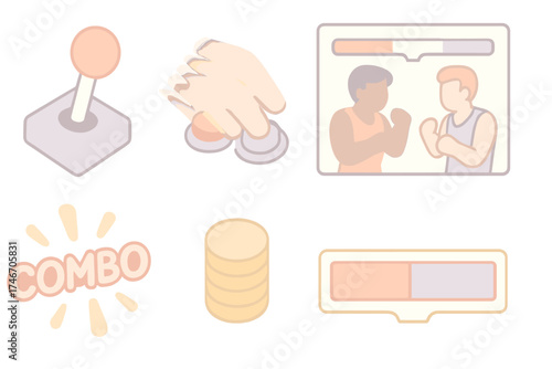 Arcade Action Vibes. Isometric vector illustration set Fighting Game Arcade Action: joystick mid-motion, button mashing hand blur,