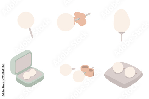 Pearl Earring Styles. Isometric vector illustration set Pearl Earring Variants and Styles: classic white pearl stud, rose gold