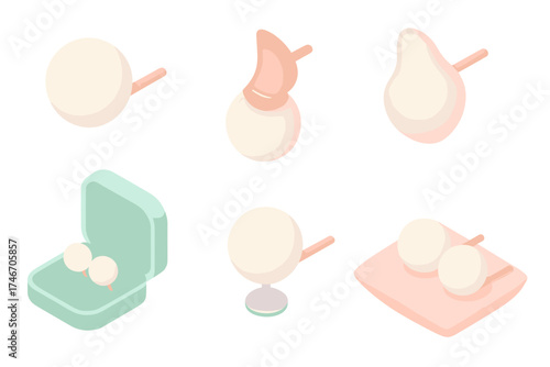 Pearl Earring Styles. Isometric vector illustration set Pearl Earring Variants and Styles: classic white pearl stud, rose gold