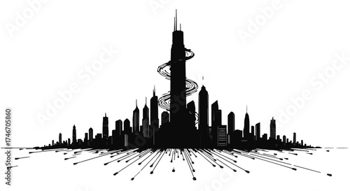 Futuristic cityscape silhouette with soaring skyscrapers and radiating lines of light