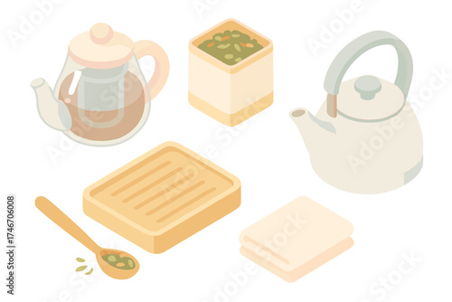 Tea Brewing Essentials. Isometric vector illustration set Tea Brewing Essentials: teapot with removable filter, tin of dried