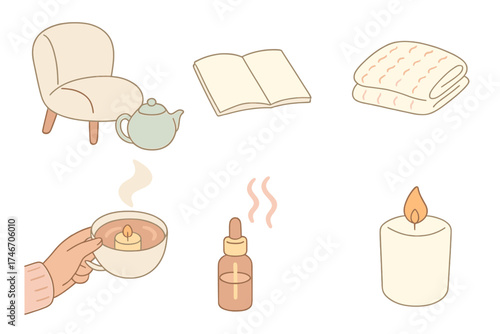 Calm Tea Vibes. Isometric vector illustration set Calming Tea Experience Setup: cozy chair beside teapot, book resting near cup,