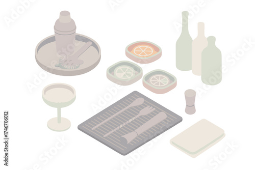 Bar Setup Illustration. Isometric vector illustration set Bar Setup with Cocktail Tools: tray with shaker and strainer, fruit